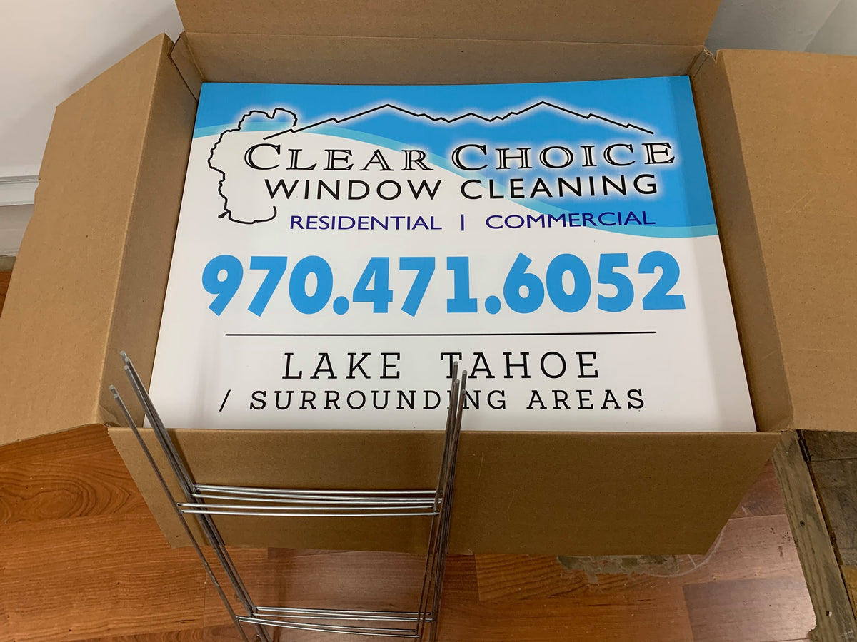Full-color yard sign for Clear Choice Window Cleaning promoting residential and commercial services in the Lake Tahoe area, printed by WCR Marketing.