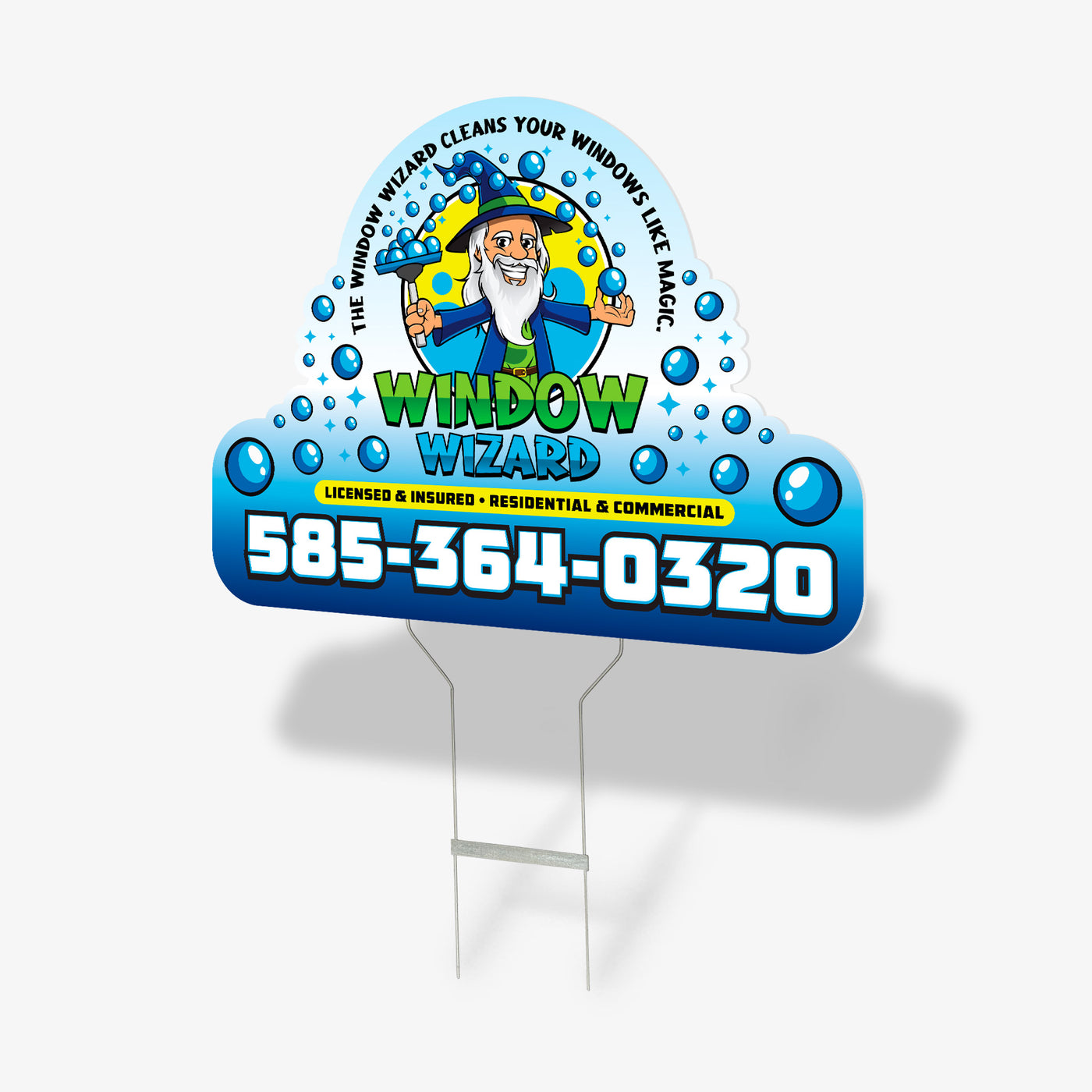 Custom contour-cut yard sign featuring a cartoon window-cleaning wizard, bright bubbles, and bold phone number, printed by WCR Marketing.