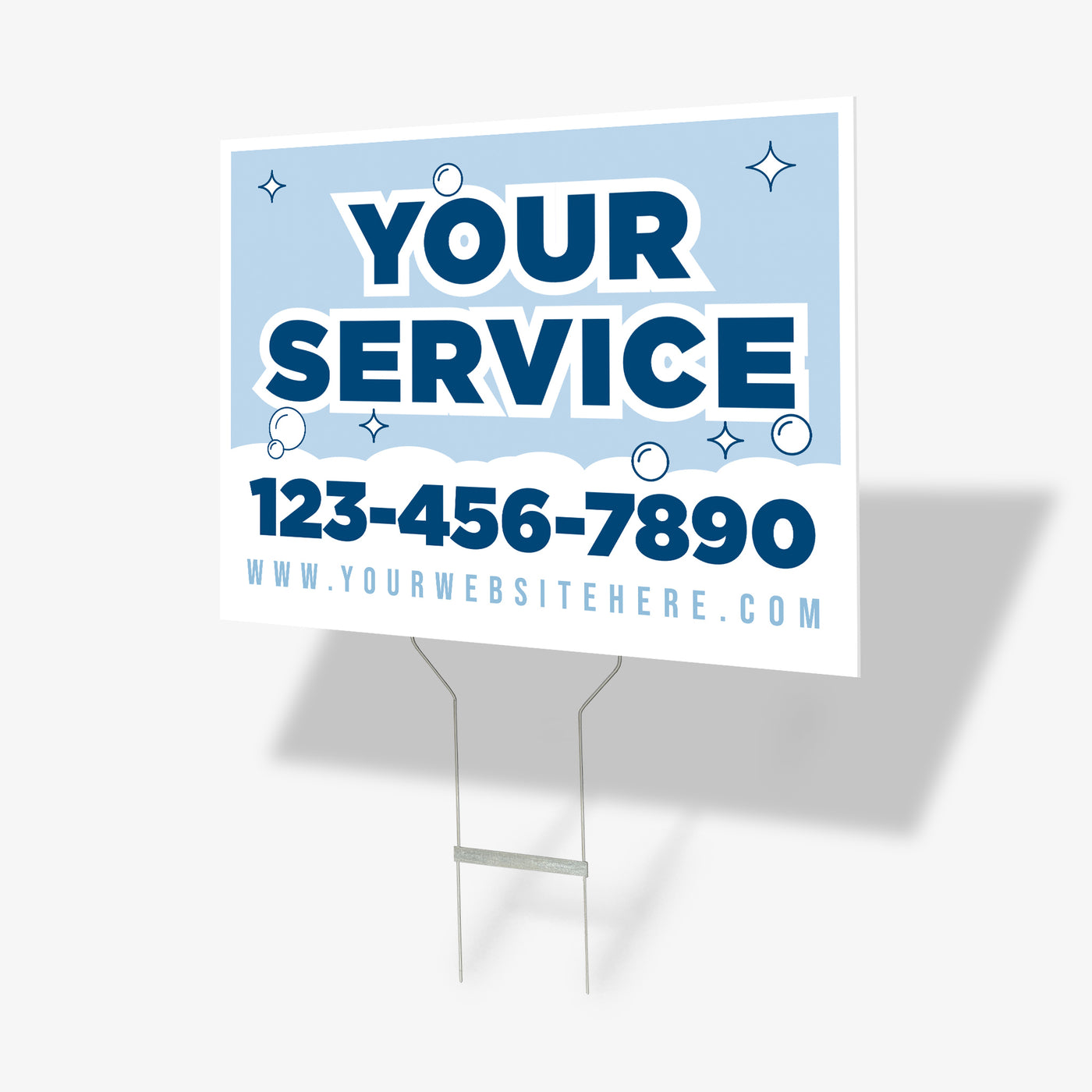 Economy-style two-color yard sign template in light blue with bold headline, bubbles, and customizable phone number, printed by WCR Marketing.