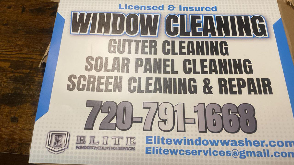 Elite Window Cleaning multi-service yard sign listing gutter cleaning, solar panel cleaning, and screen repair, printed by WCR Marketing.