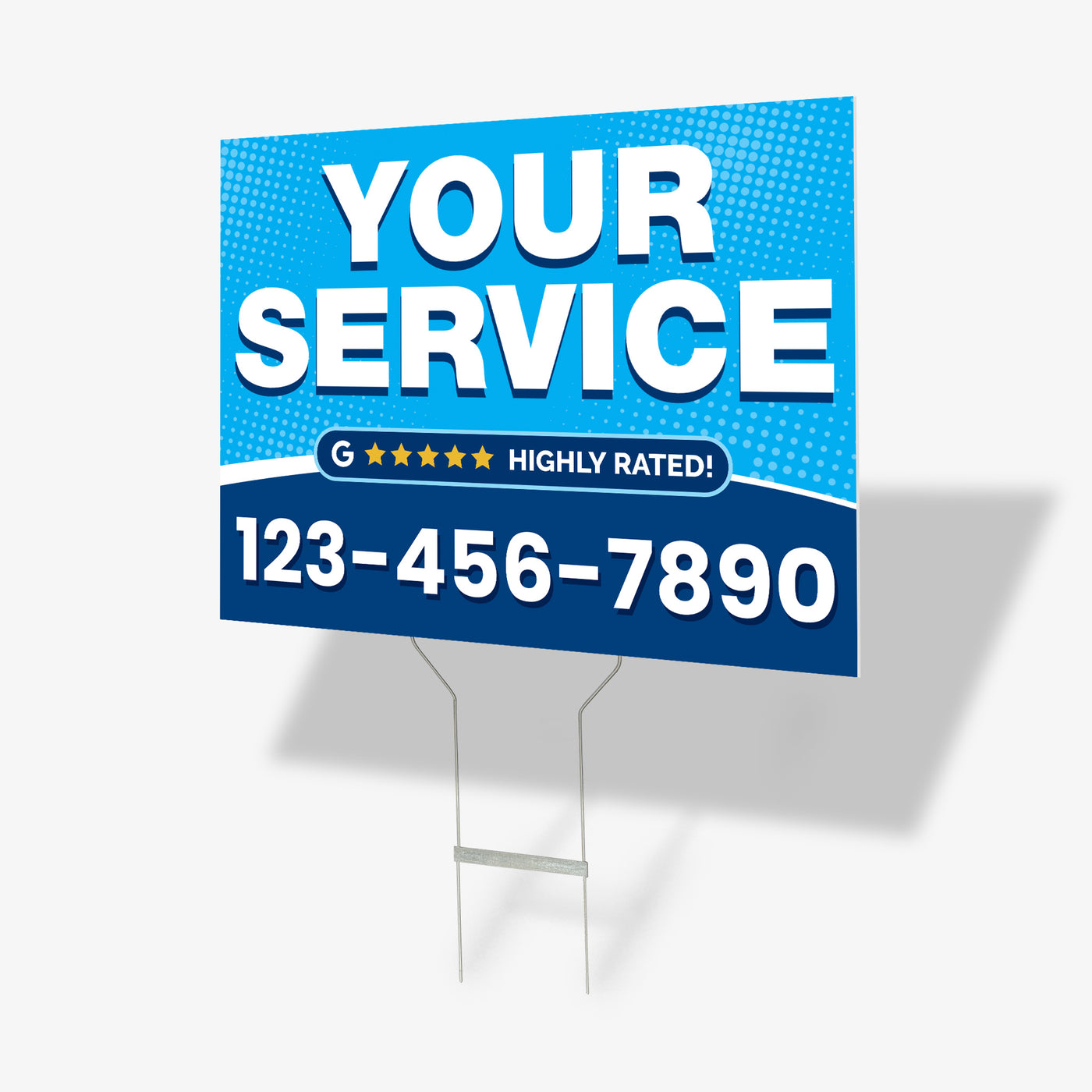 Full-color blue yard sign template with bold service headline, Google star-rating badge, and customizable phone number, printed by WCR Marketing.