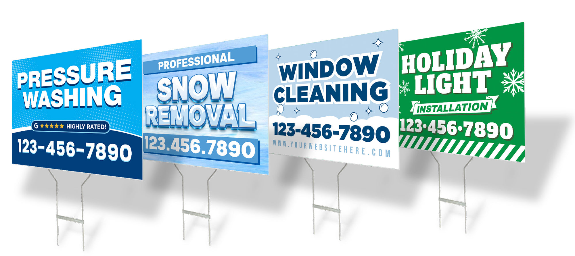 Full-color yard signs for service businesses including Pressure Washing, Snow Removal, Window Cleaning, and Holiday Light Installation, displayed with metal stakes – WCR Marketing professional sign printing.