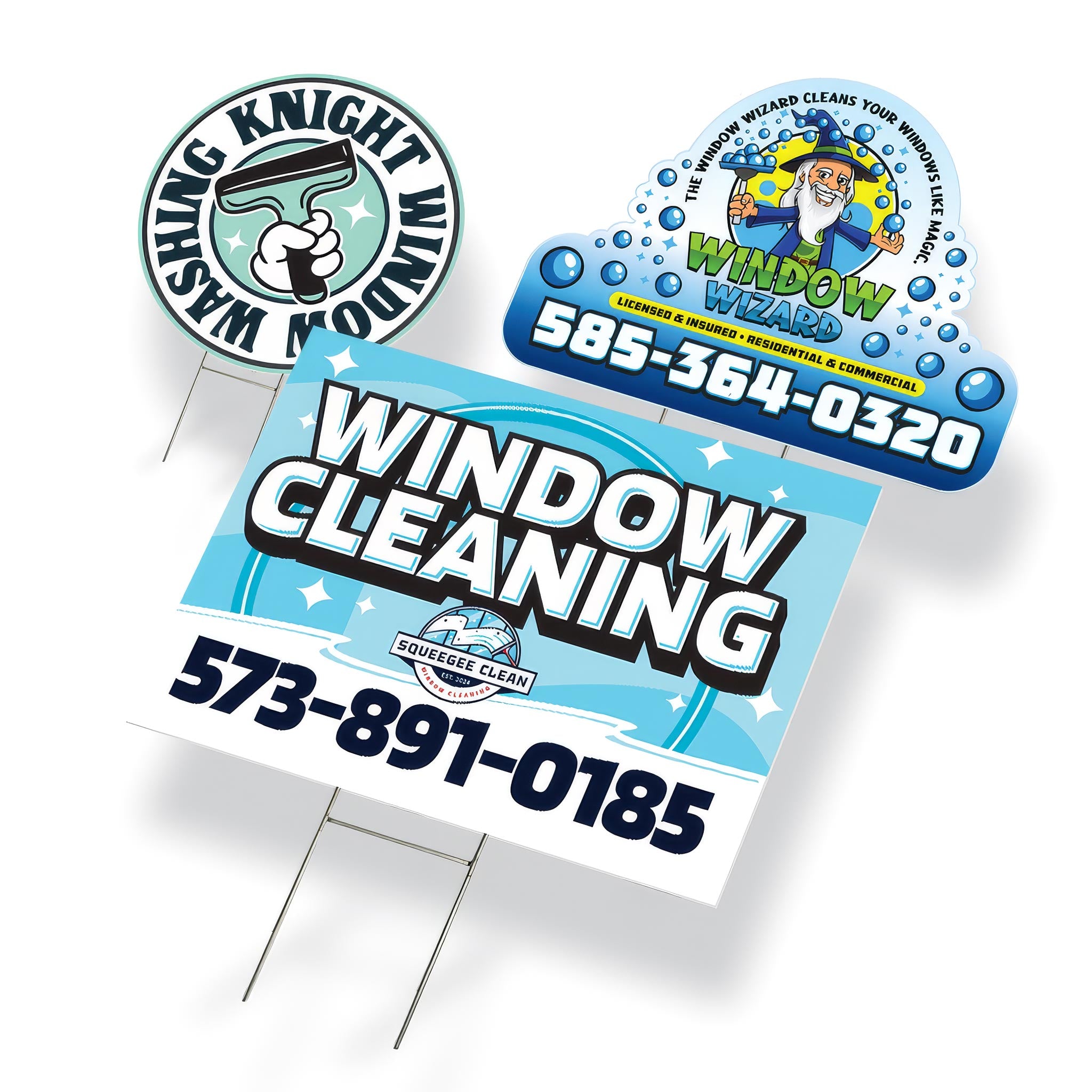 Custom-shaped and standard window cleaning yard signs featuring bold contact numbers and illustrated logos for residential and commercial services, printed by WCR Marketing.