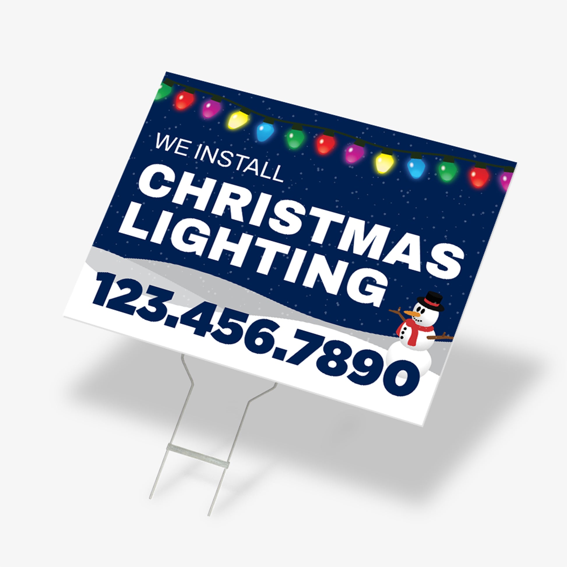 Blue Christmas lighting yard sign featuring snowman graphic, snow base, and light string border